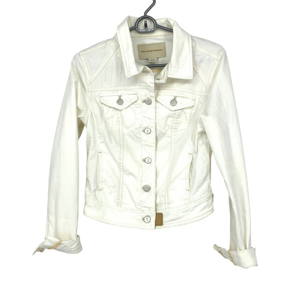 Anthropologie Pilcro Distressed Denim Jean Jacket Womens Sz XS White Stretch
